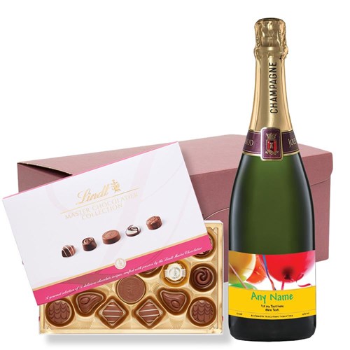 Personalised Champagne - Birthday Balloons Label and Lindt Master Chocolatier Hamper – Premium Gift